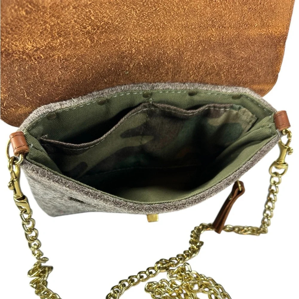 SWORD & PLOUGH Grey Wool Crossbody Bag - Brown Leather Gold Chain - Picture 4 of 9